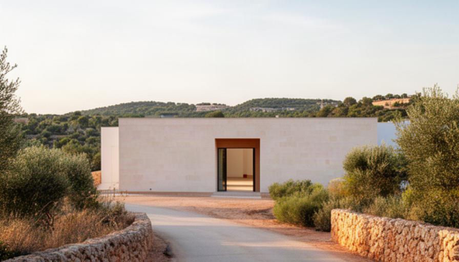Fachada luminosa del espacio de danza contemporánea cerca de Santa Margarita, entre vegetación mediterránea