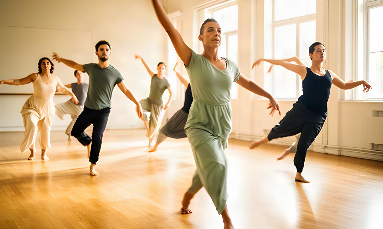 Clase de danza contemporánea en una sala luminosa con suelo de madera y bailarines en movimiento