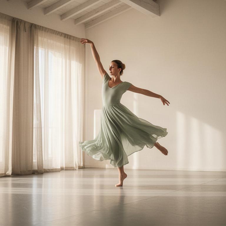Bailarina practicando danza contemporánea en una sala luminosa del estudio